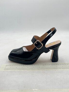 FYS Black Platform Square Toe Pumps Block High Heel Mary Janes Slingback Shoes